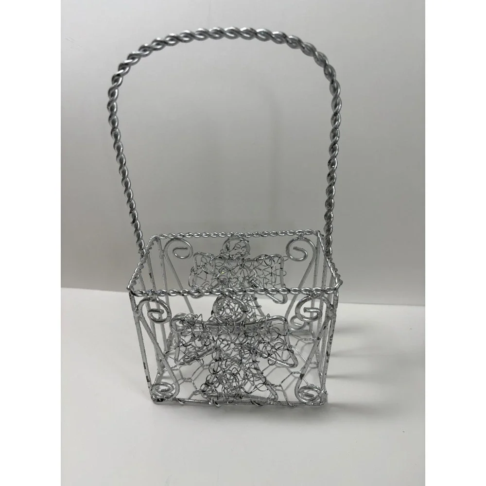 Silver Wire Angel Basket Twisted Metal Handle Christmas Decor Holiday